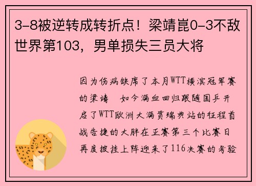 3-8被逆转成转折点！梁靖崑0-3不敌世界第103，男单损失三员大将